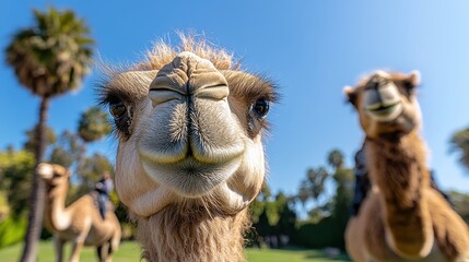 Obraz premium Close-up of a camel's face, another camel blurred in background. Perfect for travel, animal, or funny stock.