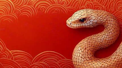 Fototapeta premium A vibrant depiction of a golden snake, ideal for designs related to the Year of the Snake, New Year celebrations, and Asian cultural events. Perfect for invitations or posters.