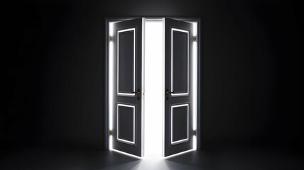 A set of open doors glowing in darkness.
