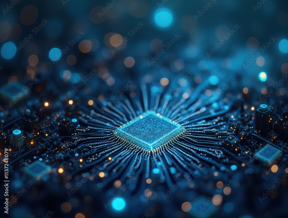 Poster intricate close-up of a high-tech microchip with glowing connections and circuitry details