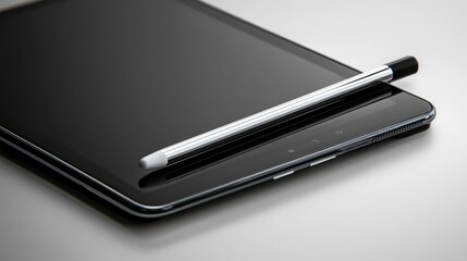Detailed view of a digital tablet stylus resting on its holder beside a sleek tablet