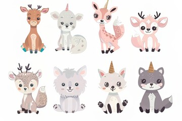 Fototapeta premium Cute cartoon animals featuring unicorn horns in a playful illustration.