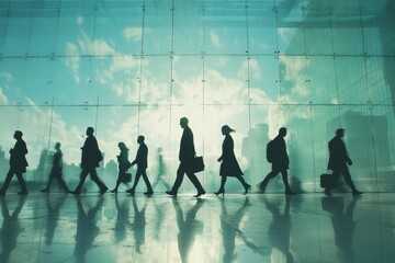 Silhouetted Business People Walking in Modern Office Building