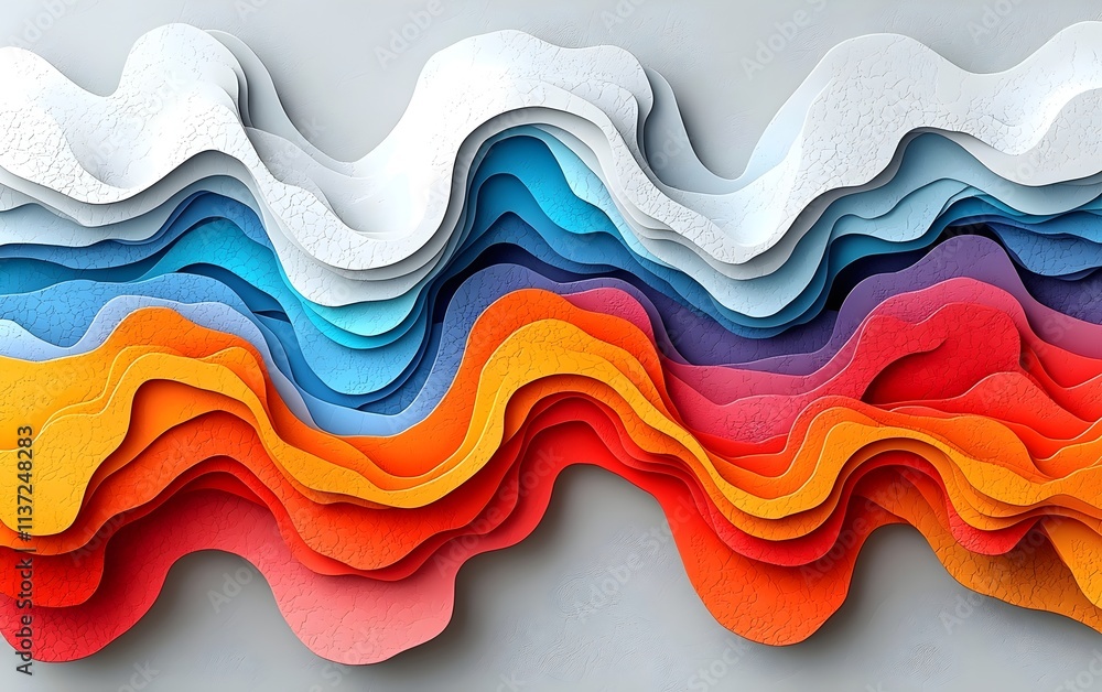 Poster a vibrant abstract wave of layered paper in shades of blue, orange, and red, creating a dynamic visu