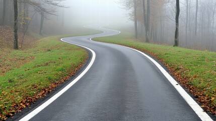 Fototapeta premium Winding Road Through Misty Autumn Forest