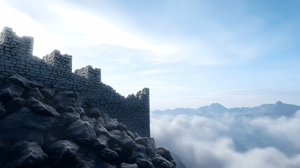Majestic fortress above clouds in serene landscape.