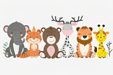 Fototapeta premium Adorable cartoon animals including an elephant, a tiger, a bear, a deer, a lion, and a giraffe.
