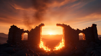 Obraz premium Ruins glowing with fire at sunset.