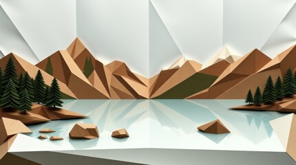 A stylized paper art landscape featuring mountains, a lake, and trees.