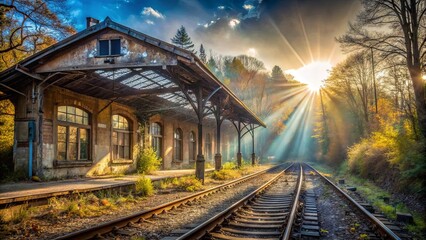 Obraz premium A Rusted Train Station Platform bathed in Golden Sunlight, with an Old Building and Empty Tracks, and a Haze Rising from the Forested Landscape