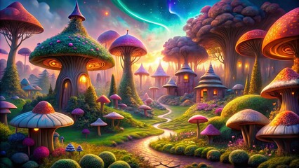 Fototapeta premium A Mystical Path Through a Dreamlike Forest of Giant Mushrooms, Illuminated by Warm Light and a Nebulous Sky