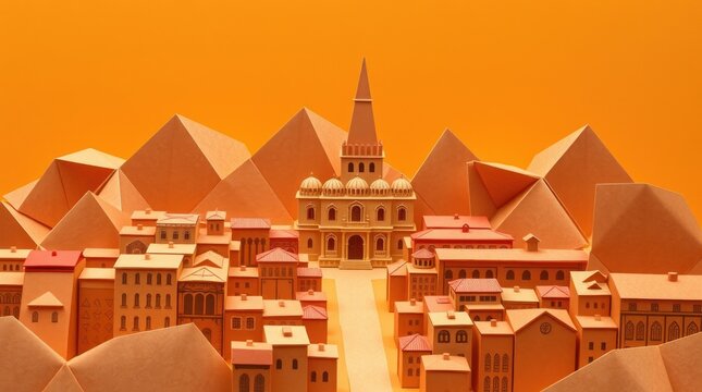 A stylized paper cityscape with mountains and a prominent spire against an orange background.