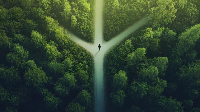 Aerial view of person standing at a fork in a forest road.