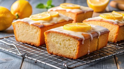 Closeup view of freshly baked lemon pound cake slices on a cooling rack , lemon, pound cake, freshly baked, dessert, sweet