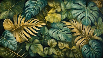 Lush green and gold tropical leaves create a dense, vibrant foliage pattern. Ideal for nature, travel, and botanical themed designs.