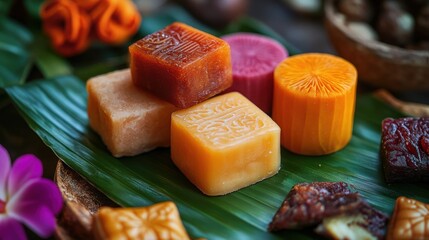Elegant Presentation of Sinhalese Sweets Arranged on Banana Leaf with Colorful Delights and Traditional Patterns