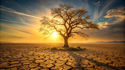 A lone tree stands tall against a backdrop of a cracked earth landscape, illuminated by the warm glow of a setting sun, casting long shadows across the parched terrain.