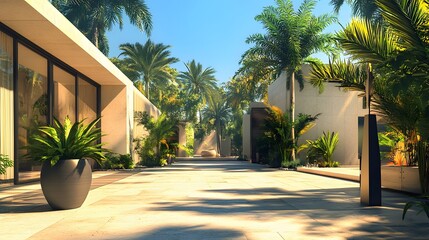 Fototapeta premium Modern Tropical Courtyard Pathway Design With Lush Greenery