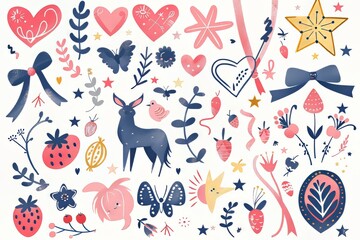 Colorful illustrated collection of whimsical hearts and nature elements.