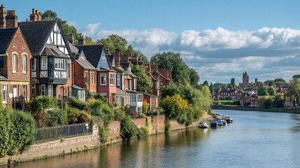Obraz premium Picturesque Riverfront Houses in England on a Sunny Day
