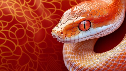 Fototapeta premium A close-up of a striking orange and cream snake against a rich red background, ideal for Year of the Snake celebrations, nature-themed designs, or wildlife education.