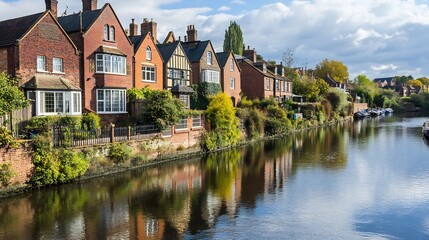 Obraz premium Picturesque Riverfront Houses in England: A Canal-Side Reflection