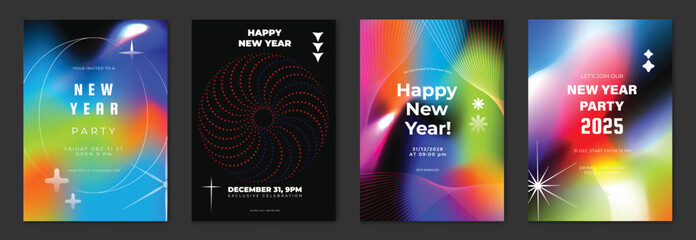 Happy New Year poster design background vector set. Celebration Modern gradient card template with vibrant geometric shape, sparkle, wireframe, dot. Ideal design for social media, flyer, party, ads.