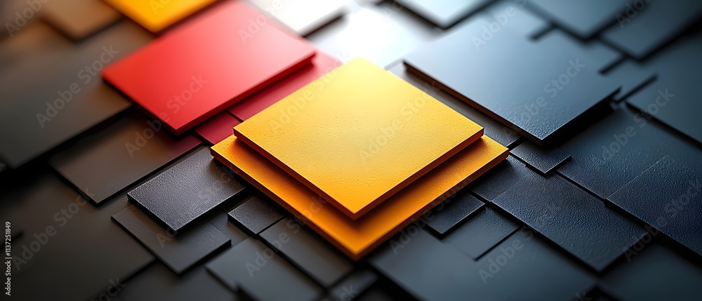 Poster a vibrant close-up of overlapping textured squares in red, yellow, and black colors, creating a mode