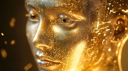 Close-up of a metallic, golden female face with glowing particles, futuristic and elegant.