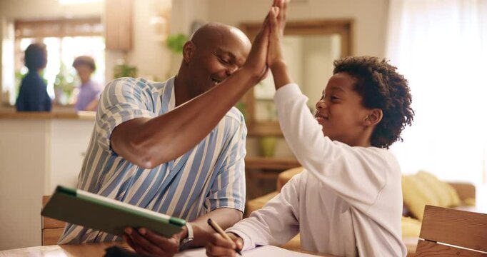 Father, child and high five for learning in home with homeschool success, education support or motivation. Black family, man or celebration for test results, academic achievement or pride with tablet