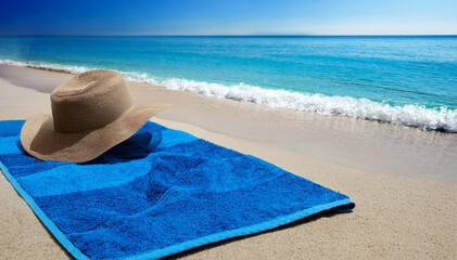 Obraz premium Sombrero de playa hermosa de verano en toalla azul