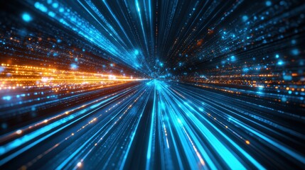 Abstract blue and orange light streaks converge. Illustrates high-speed data transfer, digital flow.