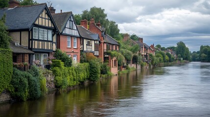 Obraz premium Picturesque Riverfront Houses in England, Tudor Style Architecture
