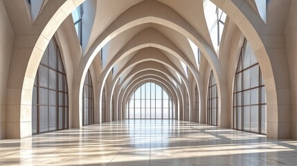 Fototapeta premium A spacious interior featuring elegant arches and large windows for natural light.