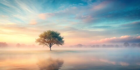 Fototapeta premium A solitary tree stands tall against the backdrop of a pastel sky, its reflection shimmering in the calm waters of a misty lake.