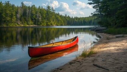 Red Canoe on a Calm Lake Surrounded by Trees