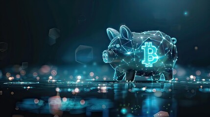 Digital currency symbols floating around a glowing piggy bank.