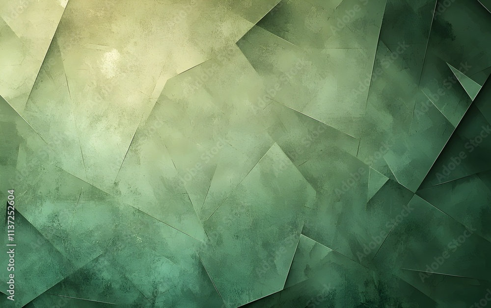 Poster an abstract green geometric background featuring fragmented shapes in various shades of green, creat