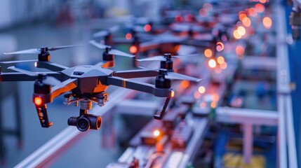 Obraz premium Drone Manufacturing Facility: Builds advanced drones for commercial and military use, focusing on high-performance models tailored to meet specific operational needs. 
