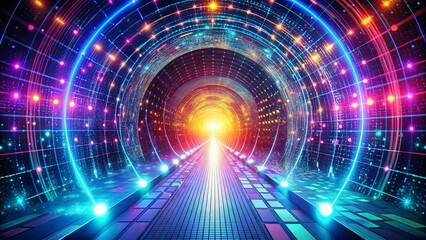 Obraz premium A pathway illuminated by vibrant circular lights leading to a glowing tunnel of light in a digital landscape