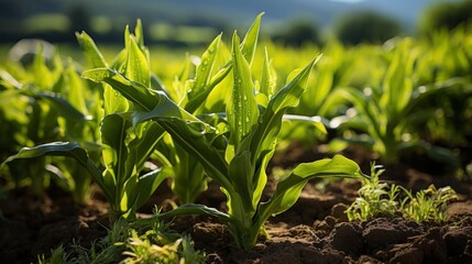 Obraz premium A field of green plants with some of them being corn