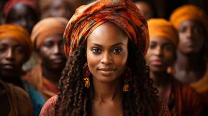 Obraz premium A woman with long hair and a colorful scarf on her head is smiling at the camera