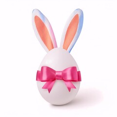 Fototapeta premium Easter Egg with Bunny Ears and Pink Bow. Cute Bunny Eared Egg for Easter. white background cutout