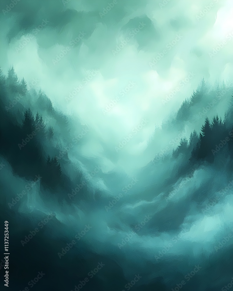 Poster a tranquil misty landscape capturing a serene view of fog-laden hills, creating an ethereal atmosphe