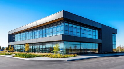 Fototapeta premium Modern office building, glass walls, landscaping.