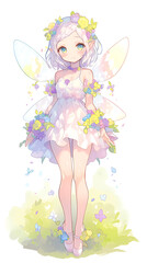A whimsical fairy character with flowers, embodying nature and magic.