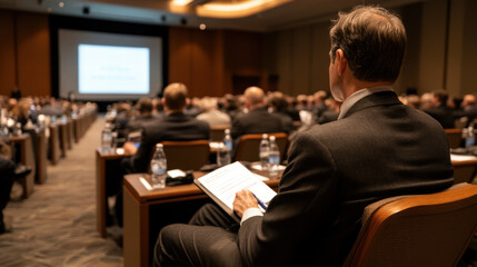 A man in a suit is sitting in a large auditorium with a book in front of him