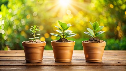 Obraz premium Three potted plants on a wooden surface with a blurred natural background, showcasing the beauty of growth and resilience.