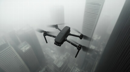 A black drone is flying over a city