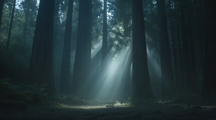 Naklejka premium Sunbeams in Misty Redwood Forest